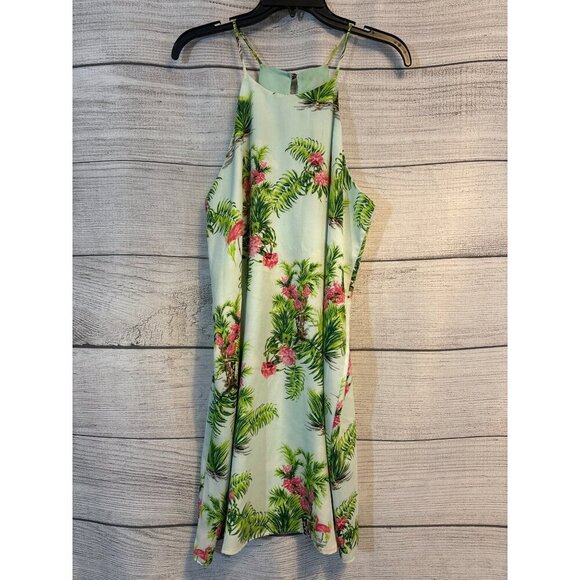 Everly Tropical Flamingo green and pink Print Dress Size L - Picture 1 of 4